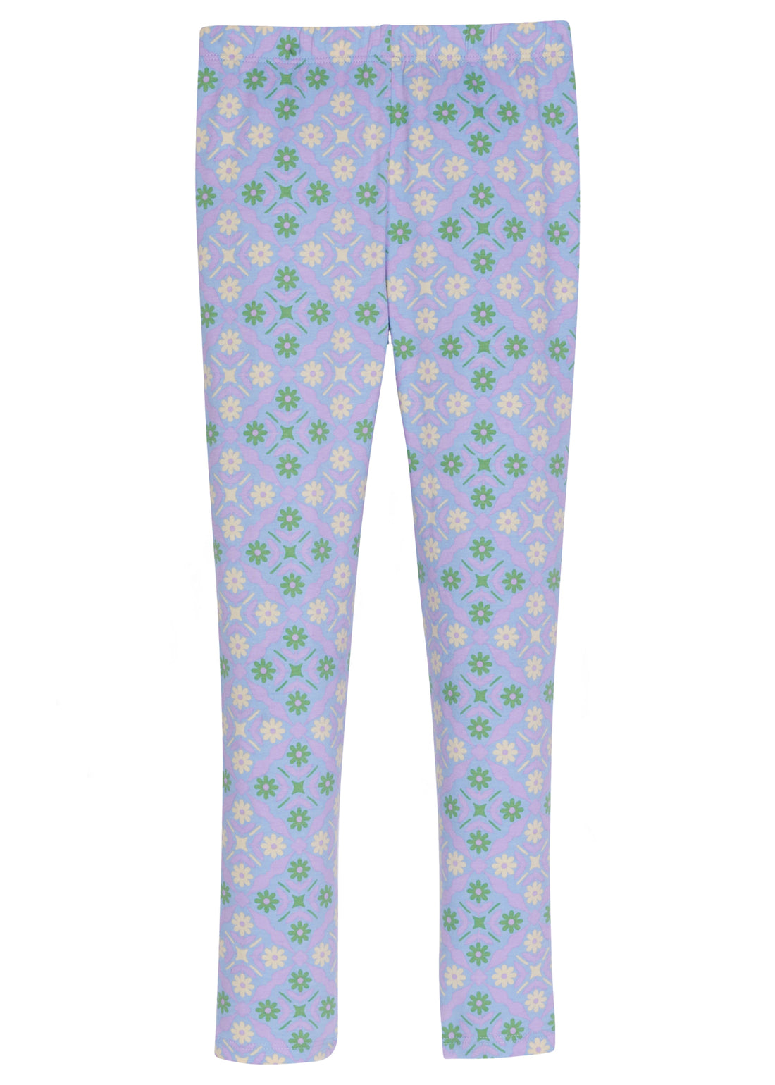 Our leggings are back in our Seville Azul pattern. They have green and a cream colored flower pattern forming little diamonds printed onto a purple legging--BISBY girl
