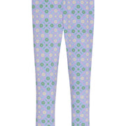 Our leggings are back in our Seville Azul pattern. They have green and a cream colored flower pattern forming little diamonds printed onto a purple legging--BISBY girl