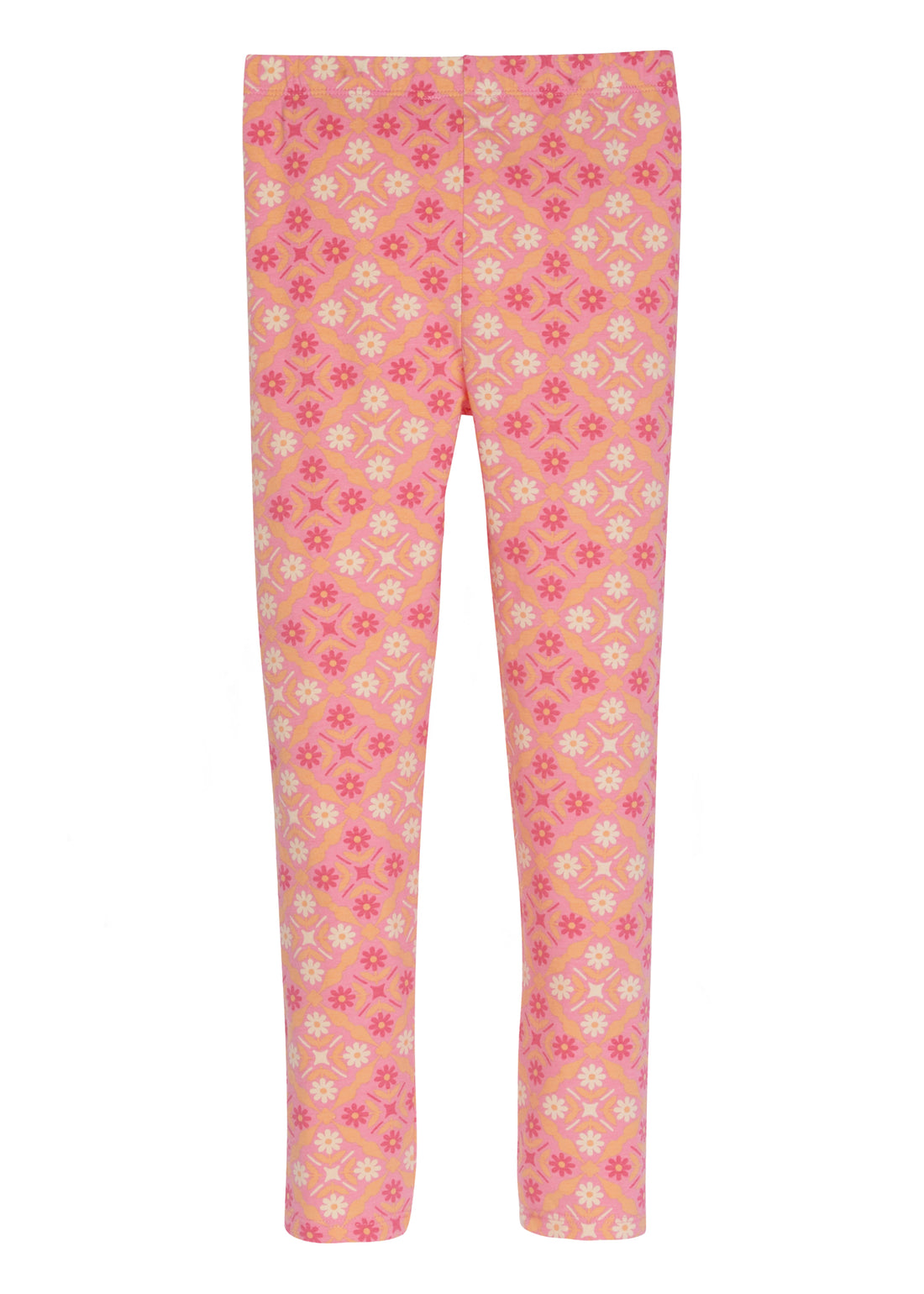Leggings are back in our Seville Rose pattern. These leggings have pink and white flowers that form into a diamond shape printed on a beautiful orange colored legging--BISBY