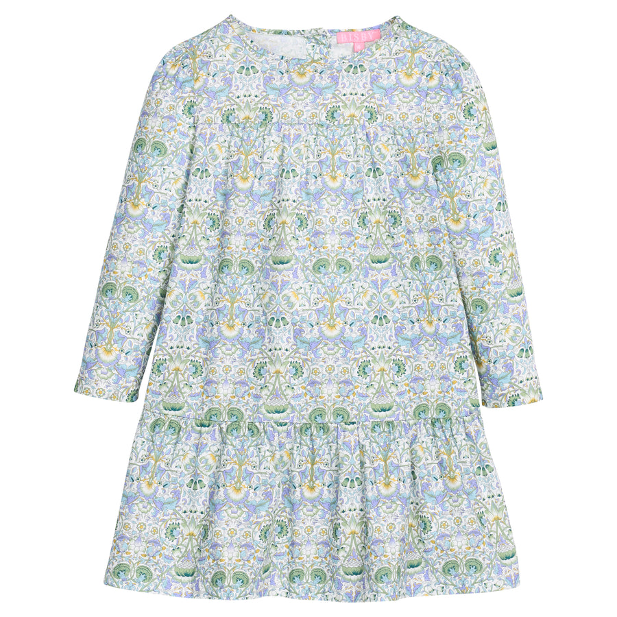 Girls/tween woven long sleeve dress in a blue/green/white floral print. Dress features two tiers and pleating detail and button closure at back for easy put on/take off access.