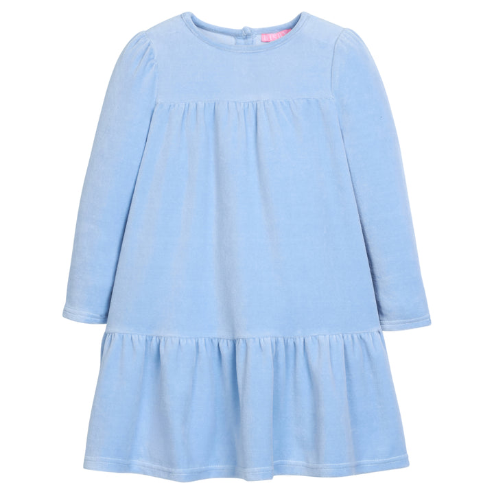 Girls/tween velour long sleeve dress in a periwinkle blue that features button closures at back and pleating detail along tiers for an elevated look. 