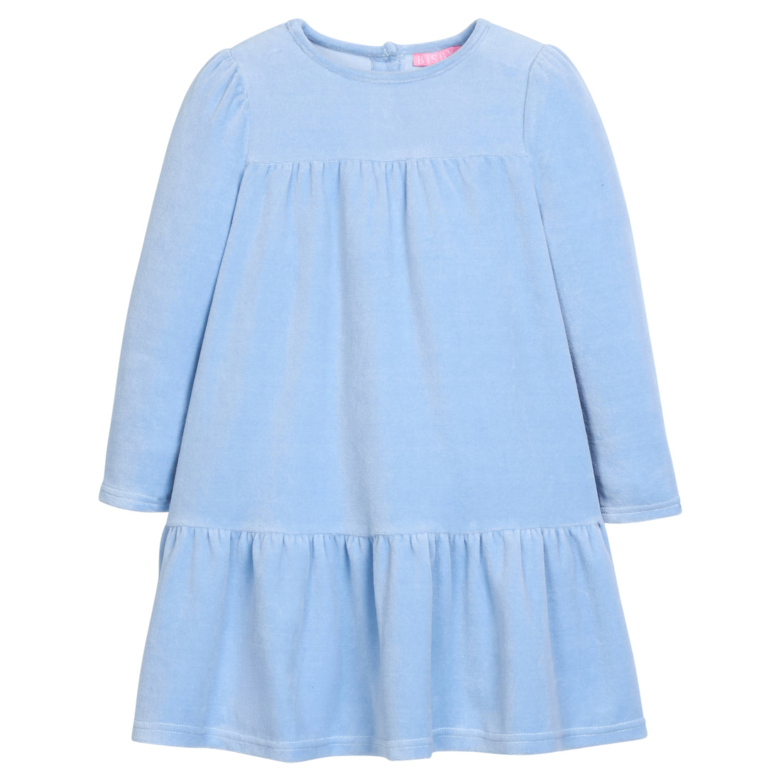Girls/tween velour long sleeve dress in a periwinkle blue that features button closures at back and pleating detail along tiers for an elevated look. 