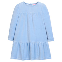 Girls/tween velour long sleeve dress in a periwinkle blue that features button closures at back and pleating detail along tiers for an elevated look. 