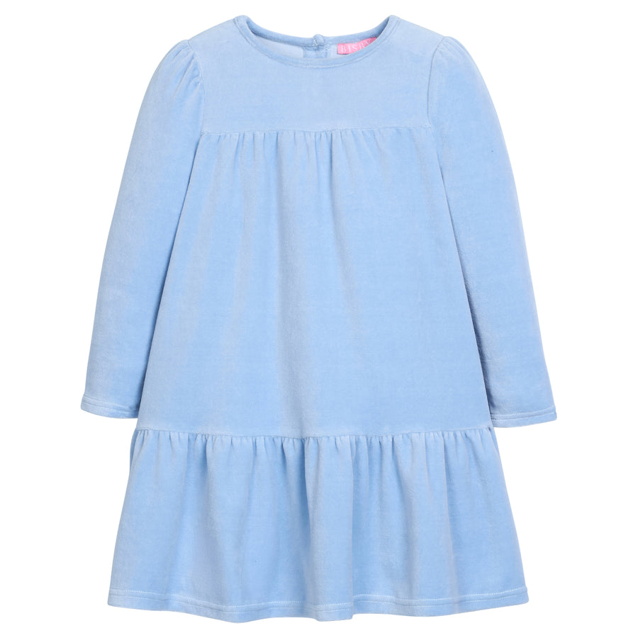 Girls/tween velour long sleeve dress in a periwinkle blue that features button closures at back and pleating detail along tiers for an elevated look. 
