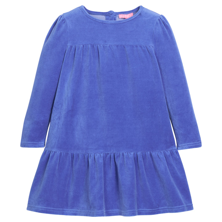 Girls/tween velour long sleeve dress in a royal blue that features button closures at back and pleating detail along tiers for an elevated look. 
