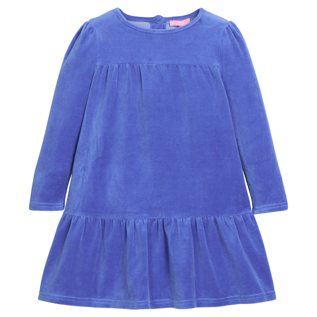 Girls/tween velour long sleeve dress in a royal blue that features button closures at back and pleating detail along tiers for an elevated look. 