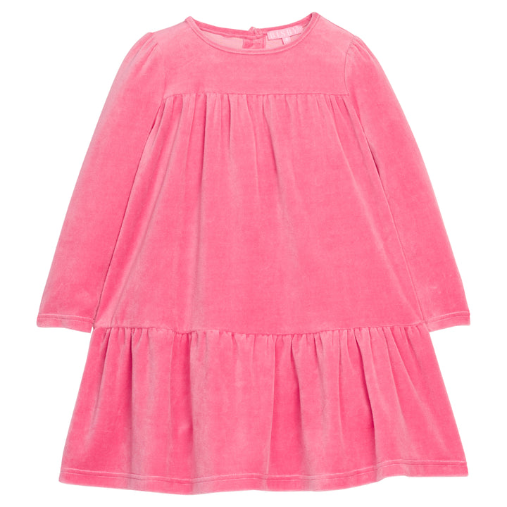 Girls/tween velour long sleeve dress in a pink color that features button closures at back and pleating detail along tiers for an elevated look. 