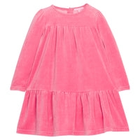 Girls/tween velour long sleeve dress in a pink color that features button closures at back and pleating detail along tiers for an elevated look. 