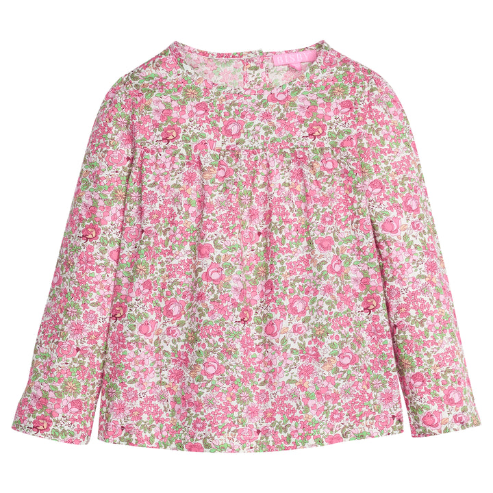 Girls pink and green floral patterned long-sleeve woven top that features button closures at back and pleating detail at bust for an elevated look.