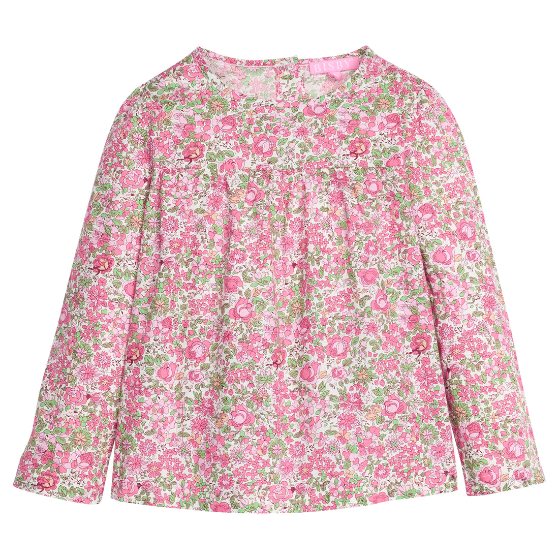 Girls pink and green floral patterned long-sleeve woven top that features button closures at back and pleating detail at bust for an elevated look.