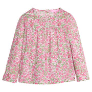 Girls pink and green floral patterned long-sleeve woven top that features button closures at back and pleating detail at bust for an elevated look.