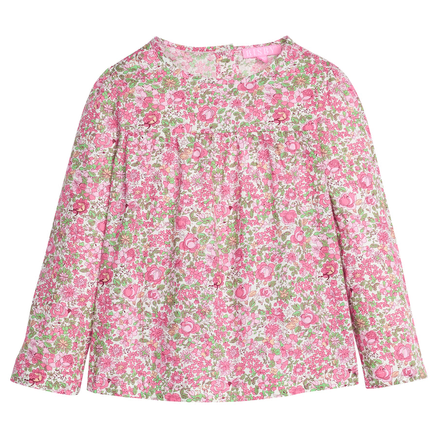 Girls pink and green floral patterned long-sleeve woven top that features button closures at back and pleating detail at bust for an elevated look.
