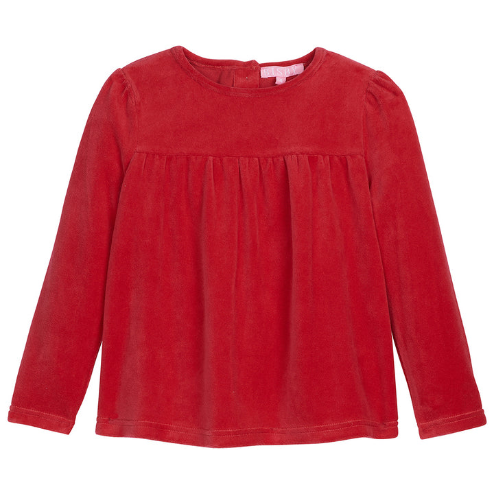 Long sleeve Red velour top with slight gathering across bust--LisleTop for girls BISBY
