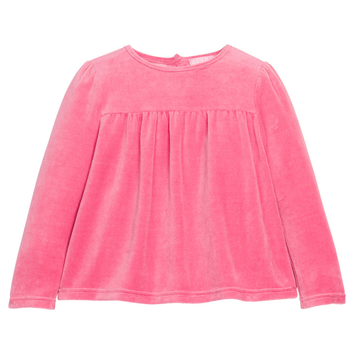 Girls pink long-sleeve velour top that features button closures at back and pleating detail at bust for an elevated look. 