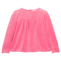 Girls pink long-sleeve velour top that features button closures at back and pleating detail at bust for an elevated look. 