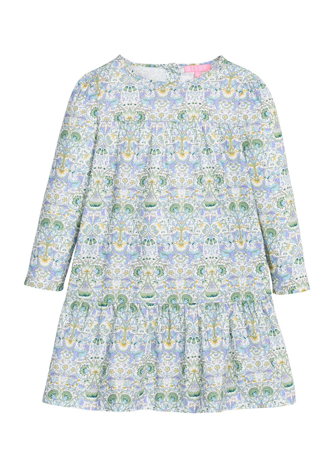 Girls/tween woven long sleeve dress in a blue/green/white floral print. Dress features two tiers and pleating detail and button closure at back for easy put on/take off access.