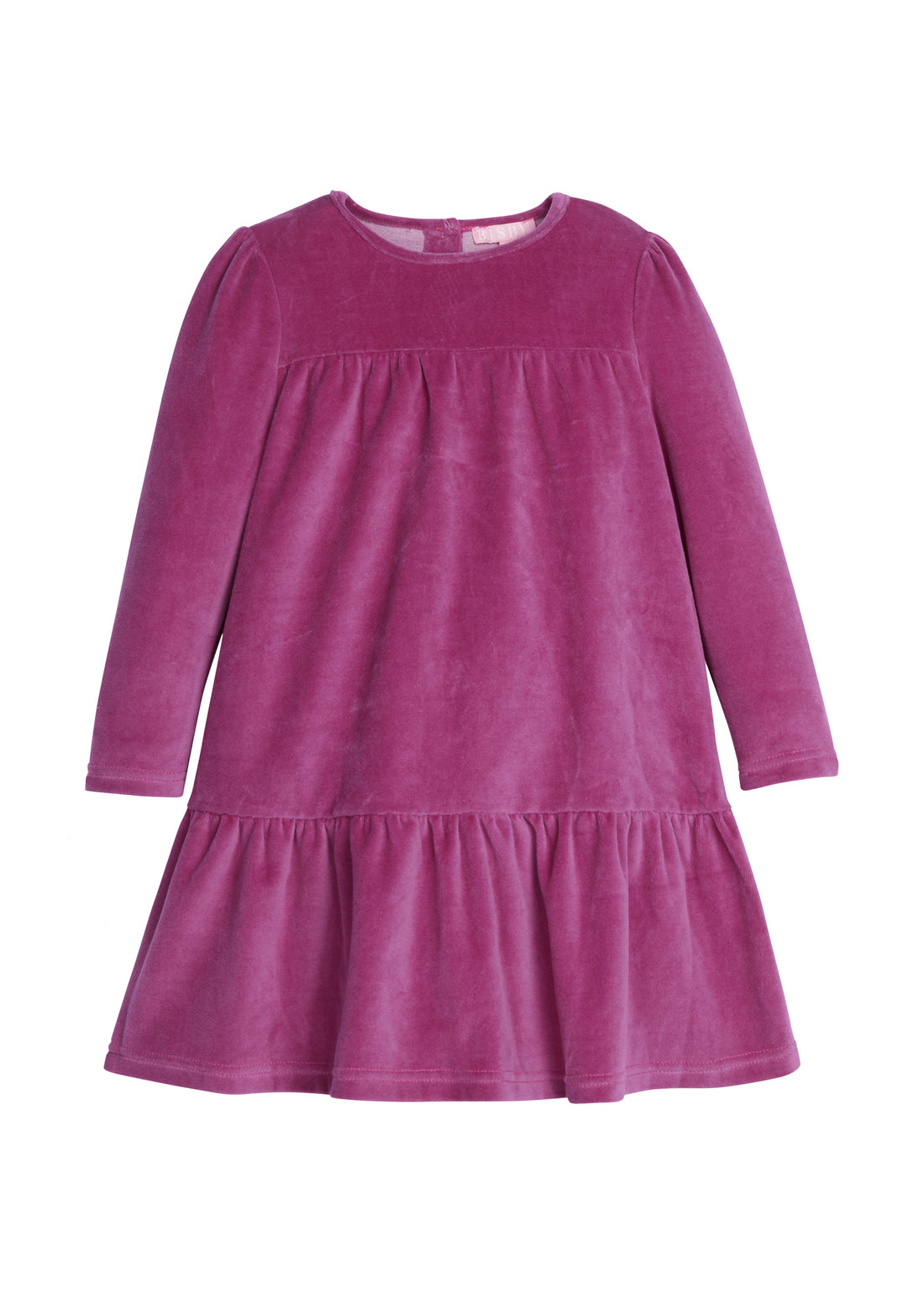 Girls/Tween dress in our Magenta Velour. Dress features a two-tier detail, with button enclosures along the back, and is made out of a soft velour fabric-BISBY
