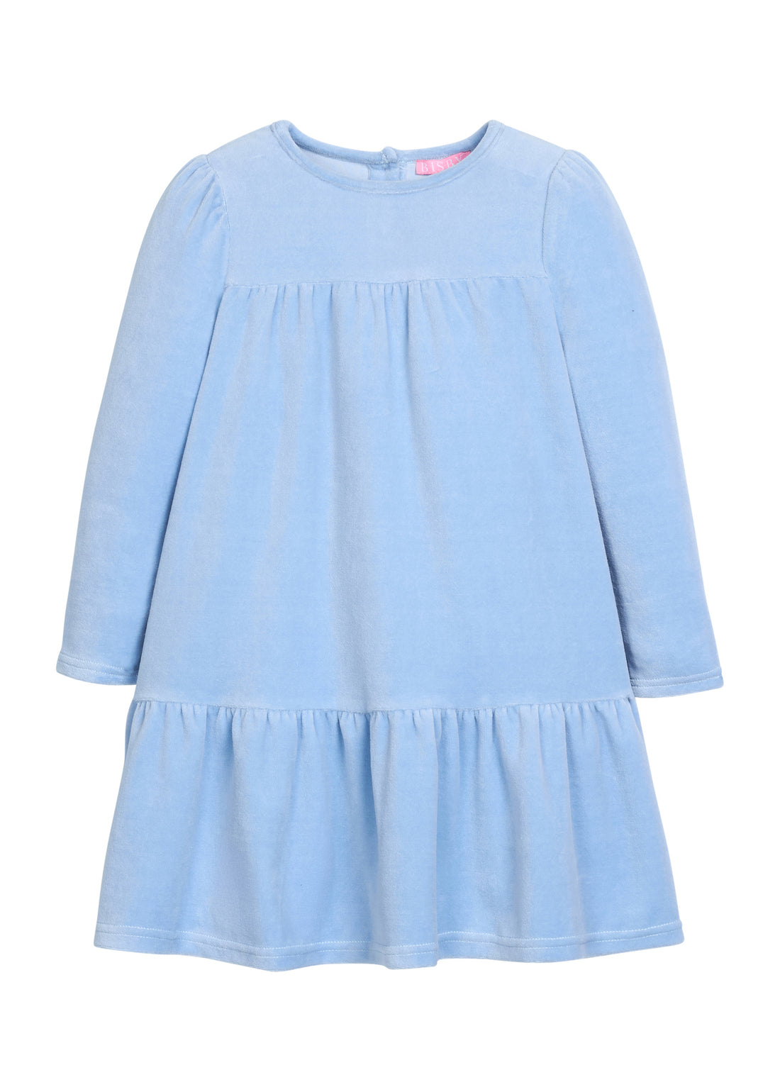 Girls/tween velour long sleeve dress in a periwinkle blue that features button closures at back and pleating detail along tiers for an elevated look. 