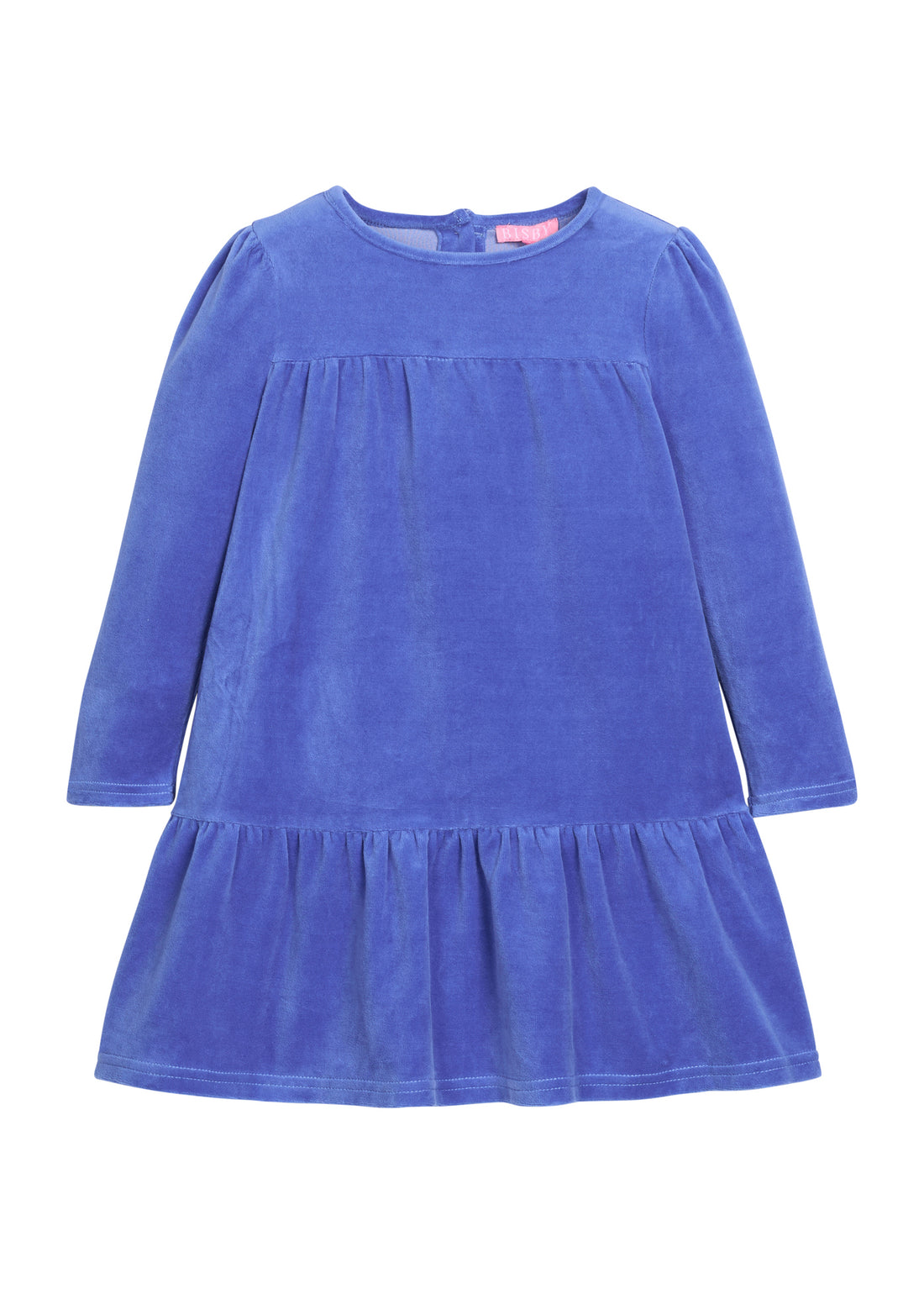 Girls/tween velour long sleeve dress in a royal blue that features button closures at back and pleating detail along tiers for an elevated look. 