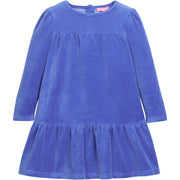 Girls/tween velour long sleeve dress in a royal blue that features button closures at back and pleating detail along tiers for an elevated look. 