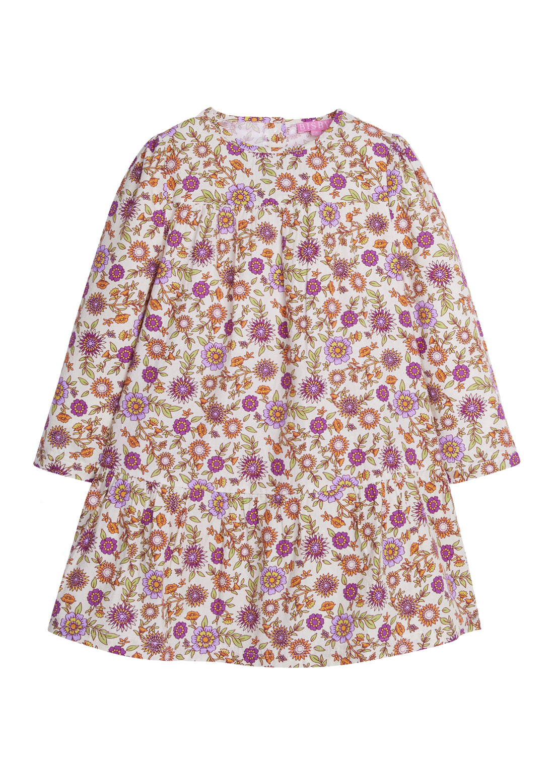 Girls/Tween woven dress in our Thistle Floral which contains an arrangement of magenta/purple/orange/and green flowers. Dress features a two-tier detail with button enclosures along the back-BISBY