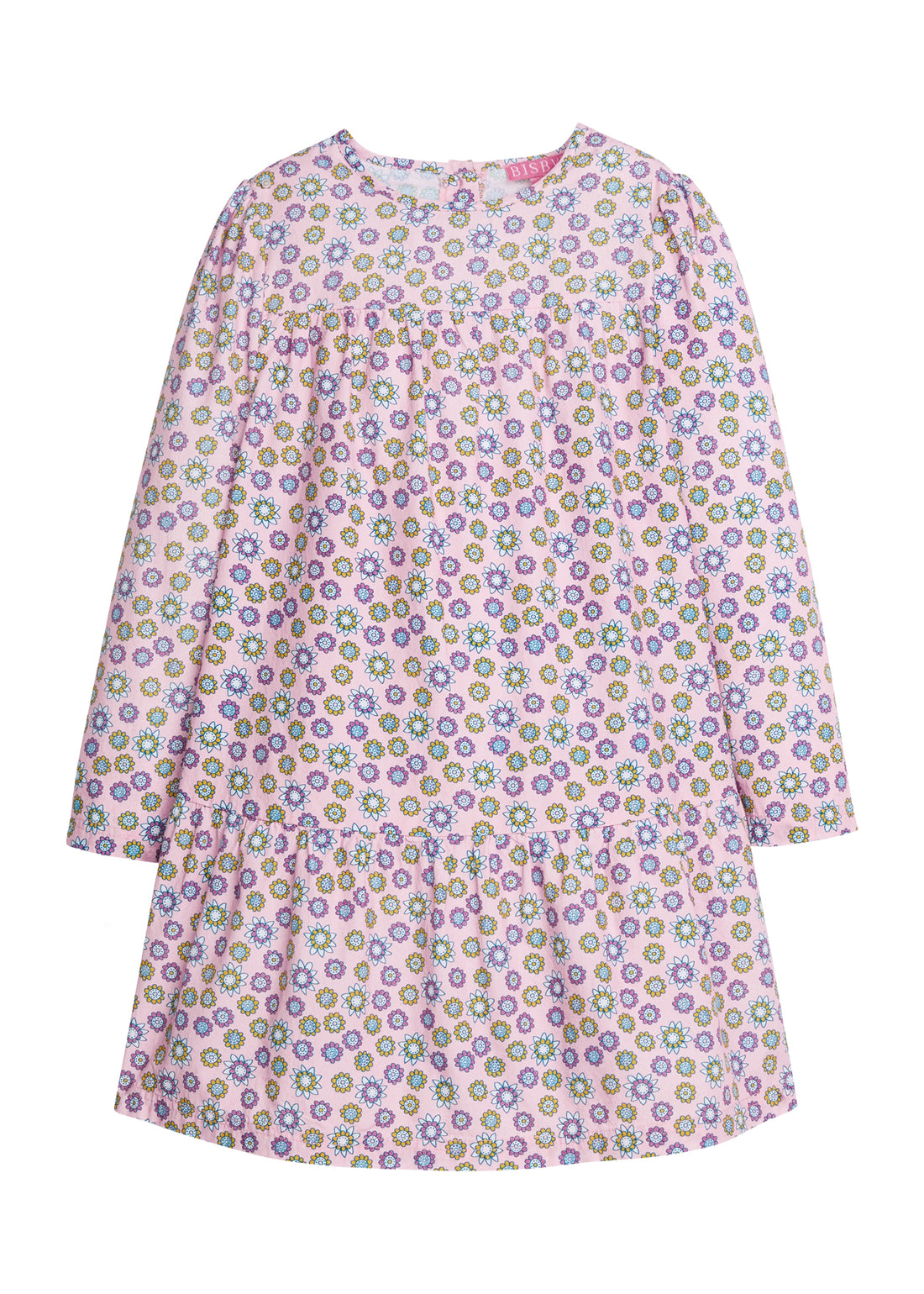 Girls/Tween woven dress in our Vienna Violets floral which contains an arrangement of purple/white/yellow flowers on a light pink background. Dress features a two-tier detail with button enclosures along the back-BISBY