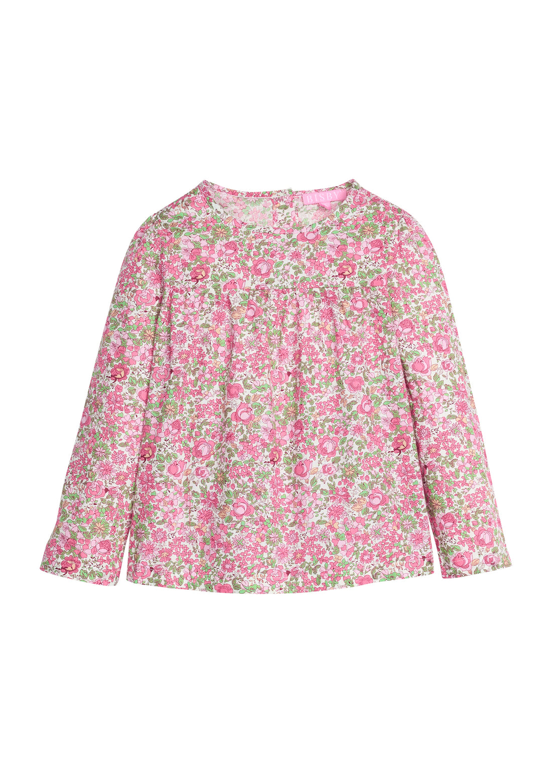 Girls pink and green floral patterned long-sleeve woven top that features button closures at back and pleating detail at bust for an elevated look.