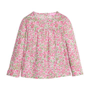 Girls pink and green floral patterned long-sleeve woven top that features button closures at back and pleating detail at bust for an elevated look.