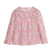 Girls pink and green floral patterned long-sleeve woven top that features button closures at back and pleating detail at bust for an elevated look.