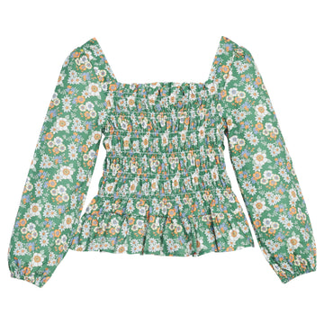 Girls/tween woven top that features ruching across center of shirt and elastic cuffs for a secure but stretchy fit.