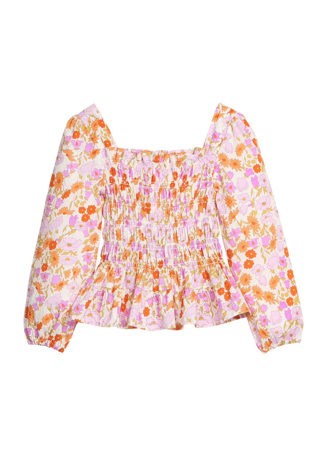 Girls/tween pink/orange floral patterned blouse with long sleeves that features elastic ruching across body of shirt and elastic cuffs for a secure but relaxed fit. 