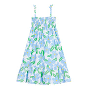 tween girls strappy dress with large periwinkle flower print 