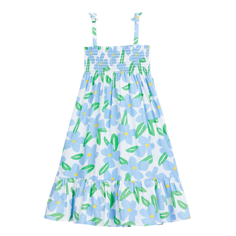 tween girls strappy dress with large periwinkle flower print 