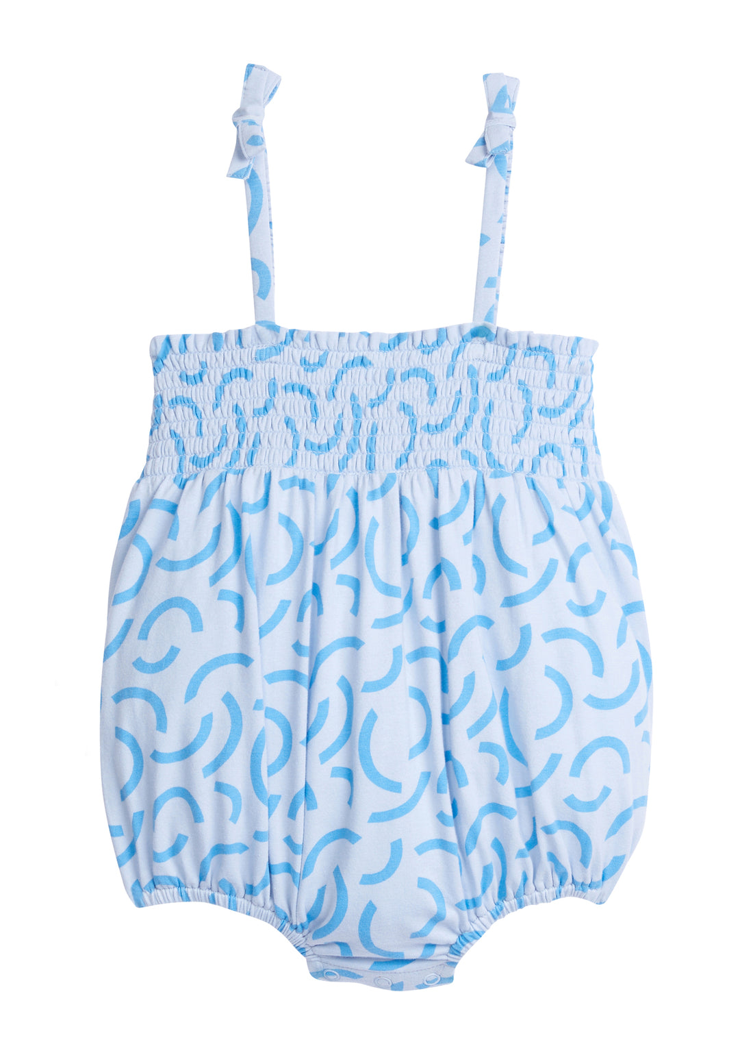 Baby girl bubble with elastic around legs with light blue background and a darker blue "ripple" pattern print. Has ruching across bust area and faux tie straps