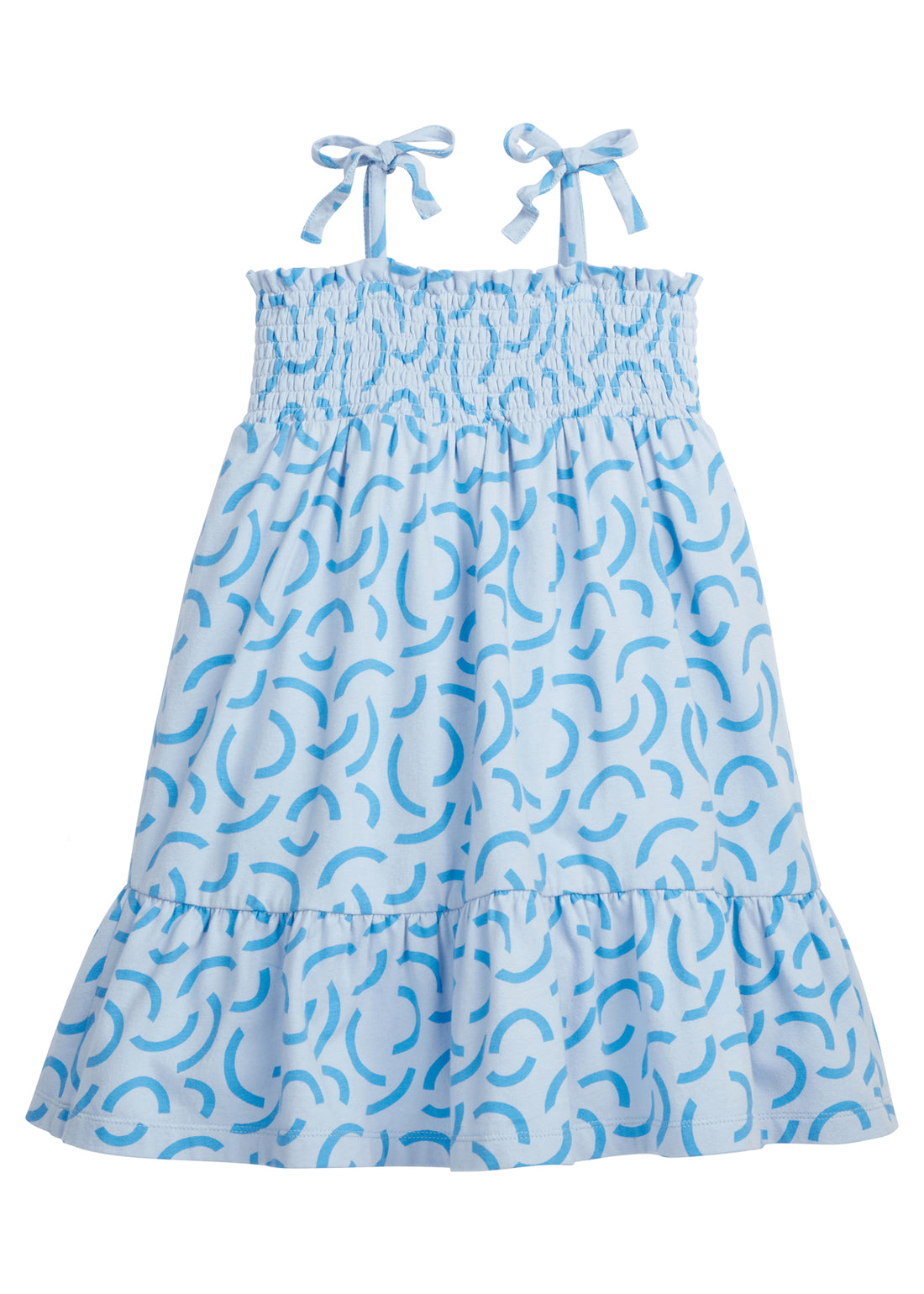 BISBY girl/tween dress featuring our Blue Ripple print. It has fixed ties on the shoulders for an elevated look and ruching along the bust for a flowy and stretchy comfortable fit!