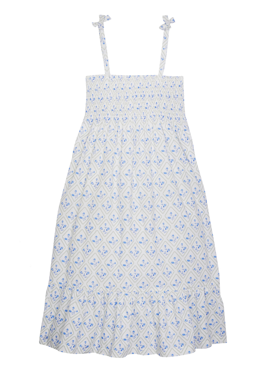 Tween dress with faux tie straps that has ruching across bust that has a green and blue floral print on top of white background.
