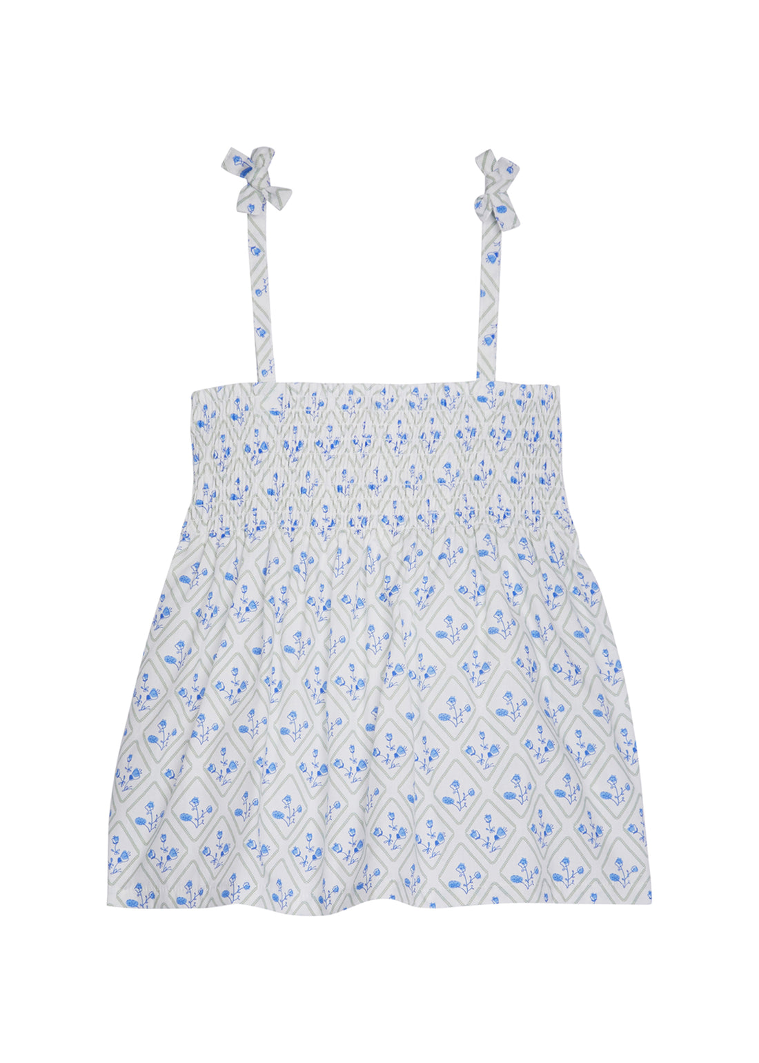 Girl/tween top that has faux tie straps with ruching across bust with blue and green floral print on a white background.