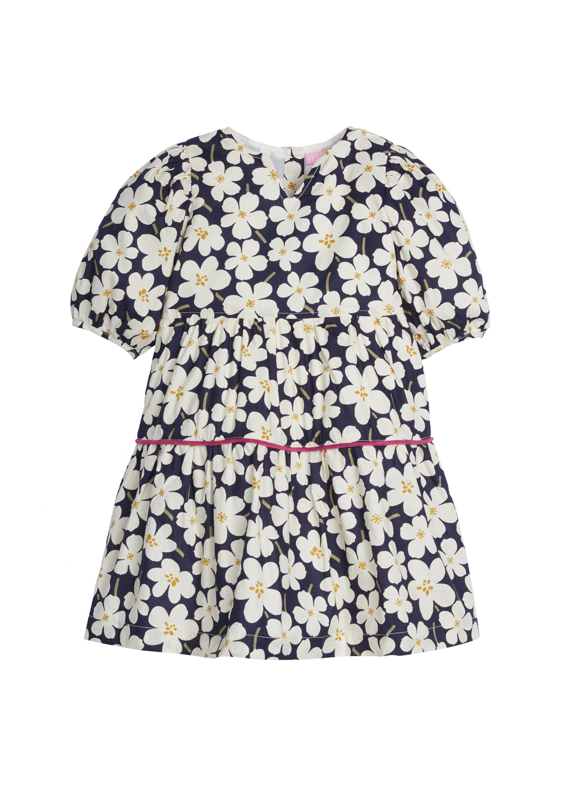 Girls/Tween woven slightly v-neck dress in our Navy Blooms pattern which features large white flowers on a navy background. Dress also has a hot pink trim detail around the bottom tier for a pop of color. There are button enclosure along back and puff sleeves for a comfy fit-BISBY