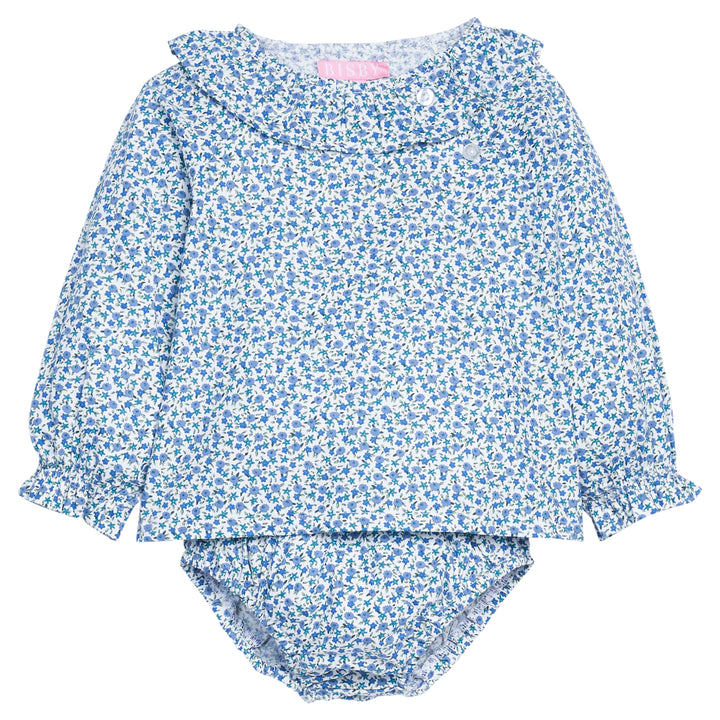 Baby girl bloomer set in a blue floral print that features button closure at the front top left neckline for easy put on access and a matching bloomer bottom with an elastic ruched waist.