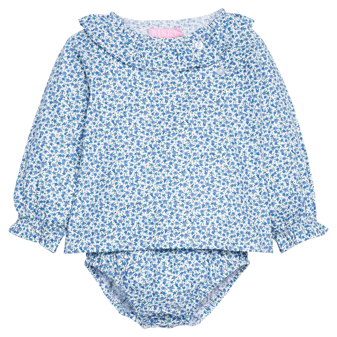 Baby girl bloomer set in a blue floral print that features button closure at the front top left neckline for easy put on access and a matching bloomer bottom with an elastic ruched waist.