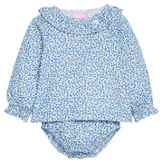 Baby girl bloomer set in a blue floral print that features button closure at the front top left neckline for easy put on access and a matching bloomer bottom with an elastic ruched waist.