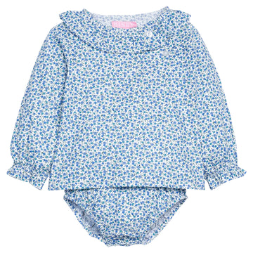 Baby girl bloomer set in a blue floral print that features button closure at the front top left neckline for easy put on access and a matching bloomer bottom with an elastic ruched waist.