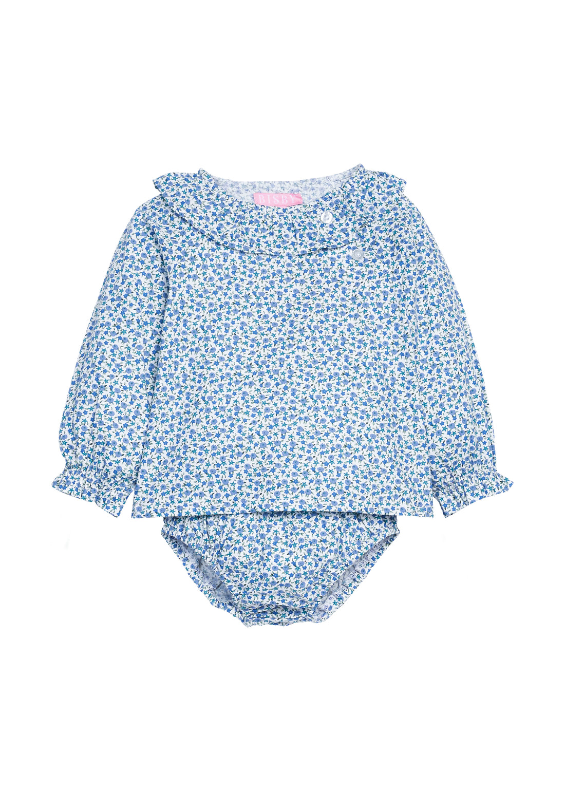 Baby girl bloomer set in a blue floral print that features button closure at the front top left neckline for easy put on access and a matching bloomer bottom with an elastic ruched waist.