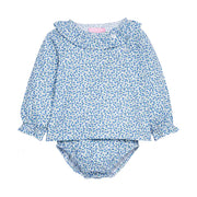 Baby girl bloomer set in a blue floral print that features button closure at the front top left neckline for easy put on access and a matching bloomer bottom with an elastic ruched waist.