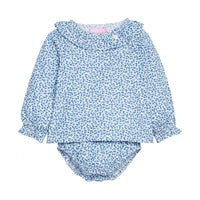 Baby girl bloomer set in a blue floral print that features button closure at the front top left neckline for easy put on access and a matching bloomer bottom with an elastic ruched waist.