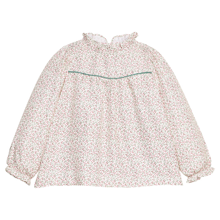 Girls/tween woven long sleeve top in a green and red floral print that features a high neck ruffle neckline, button closure at back,  and a green trim detail across the bust to elevate the look. 
