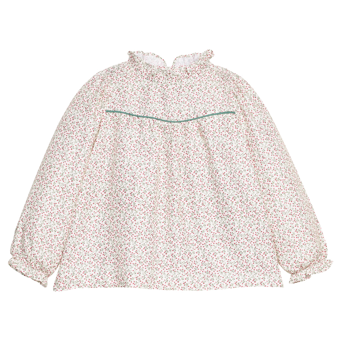 Girls/tween woven long sleeve top in a green and red floral print that features a high neck ruffle neckline, button closure at back,  and a green trim detail across the bust to elevate the look. 