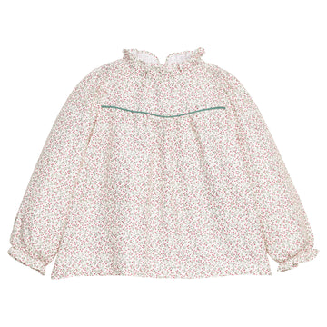 Girls/tween woven long sleeve top in a green and red floral print that features a high neck ruffle neckline, button closure at back,  and a green trim detail across the bust to elevate the look. 