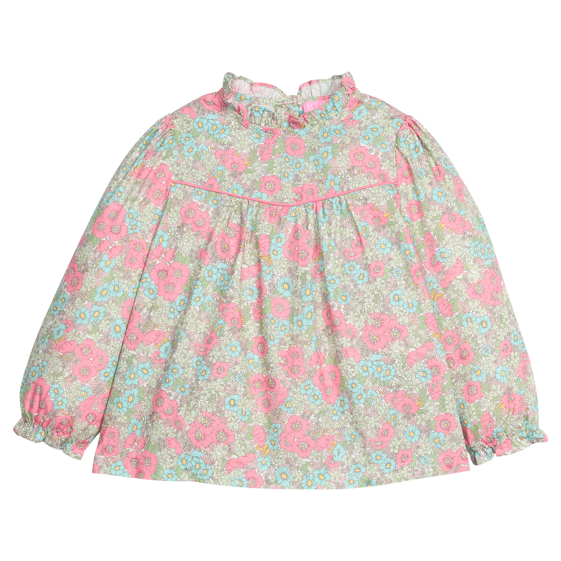 Girls/tween woven long sleeve top in a pink/green/teal floral print that features a high neck ruffle neckline, button closure at back,  and a pink trim detail across the bust to elevate the look. 