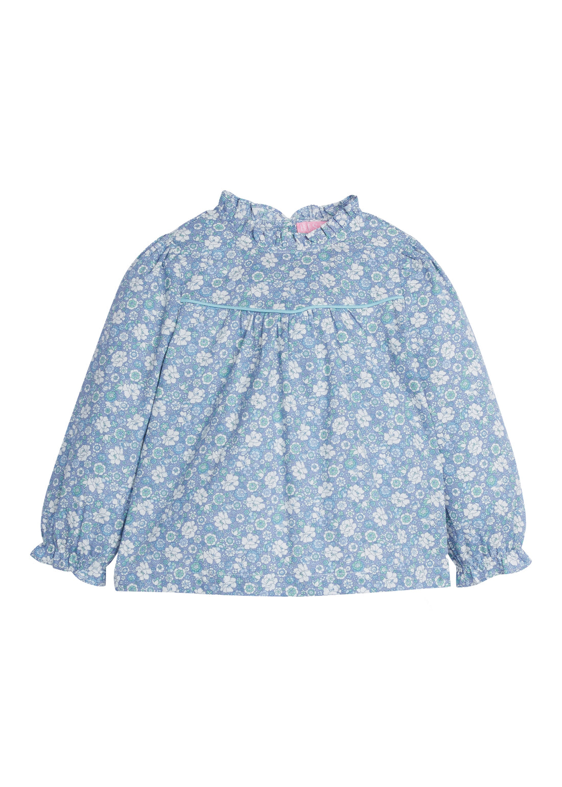 Girls/Tween top in our Bedford Gardens Blue floral which features a blue/aqua/white floral arrangement. Top has an aqua trim detail along the bust, elastic cuffs on the sleeves, ruffles at the neckline, and there are buttons along back as well -BISBY
